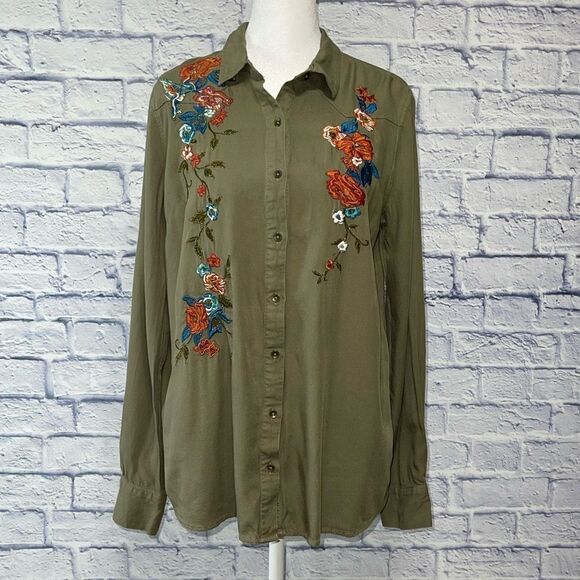 Jessica Simpson Burnt Olive Pearl Floral Embroidered Long Sleeve Button Down Top - Picture 4 of 15
